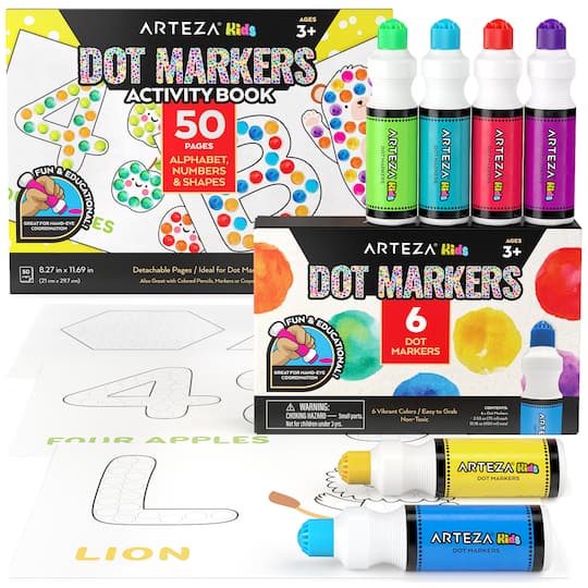 Arteza&#xAE; Kids Dot Markers 75ml, Alphabet/Numbers/Shapes Book, 7 Pieces